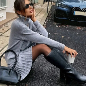 2pcs/Set Grey High Neck Pullover Sweaters